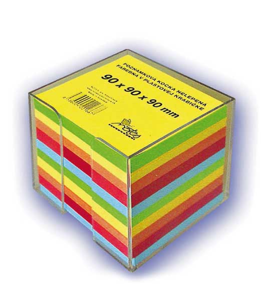 Poznámková kocka B909090/5F • z farebných papierov • nelepená v plastovej krabičke